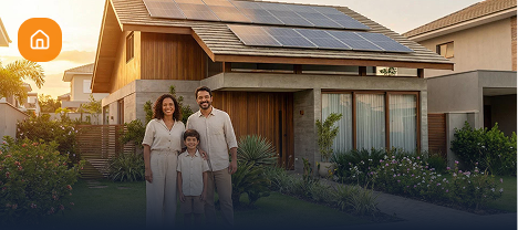 Sistema de energia solar residencial instalado em telhado de casa